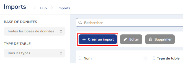 Bouton Créer un import