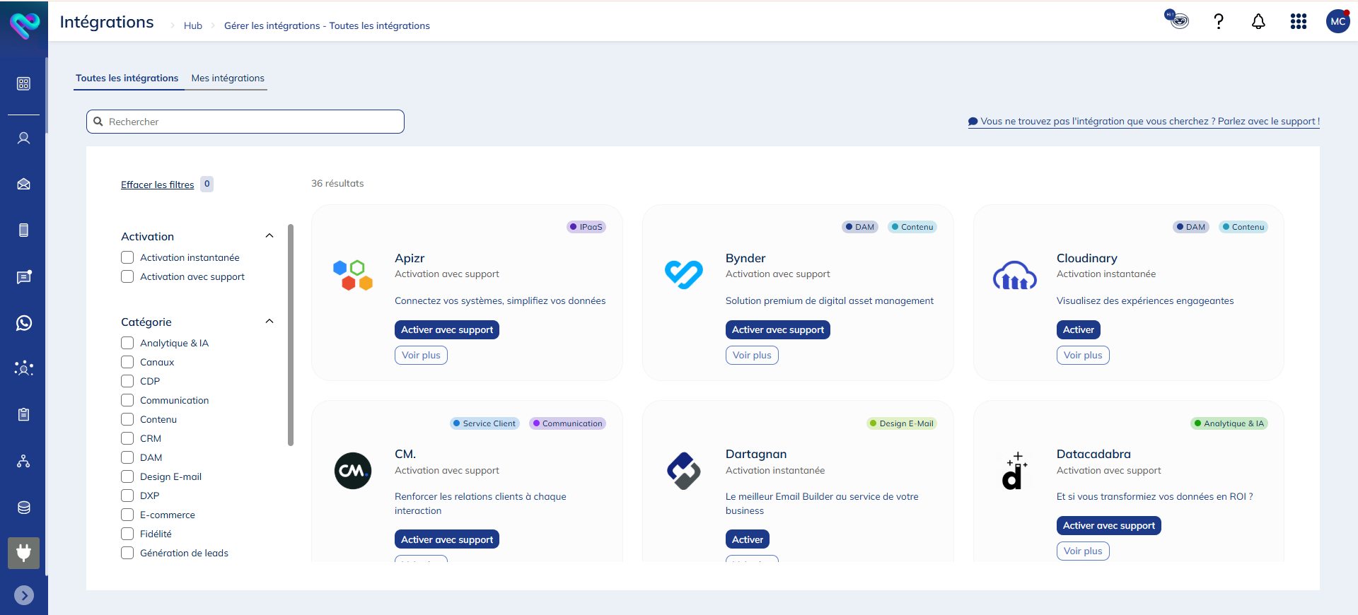 Vue d'ensemble de l'app Intégrations