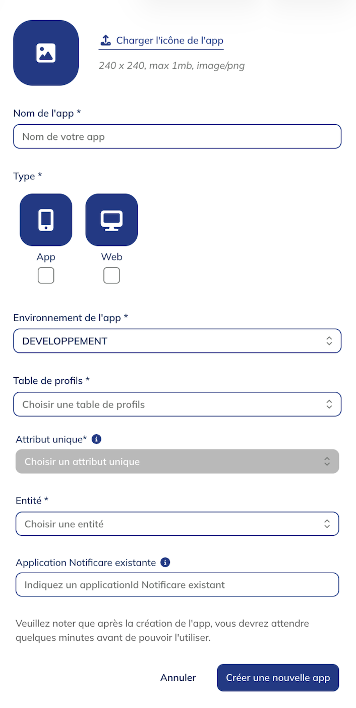 Informations pour créer l'app