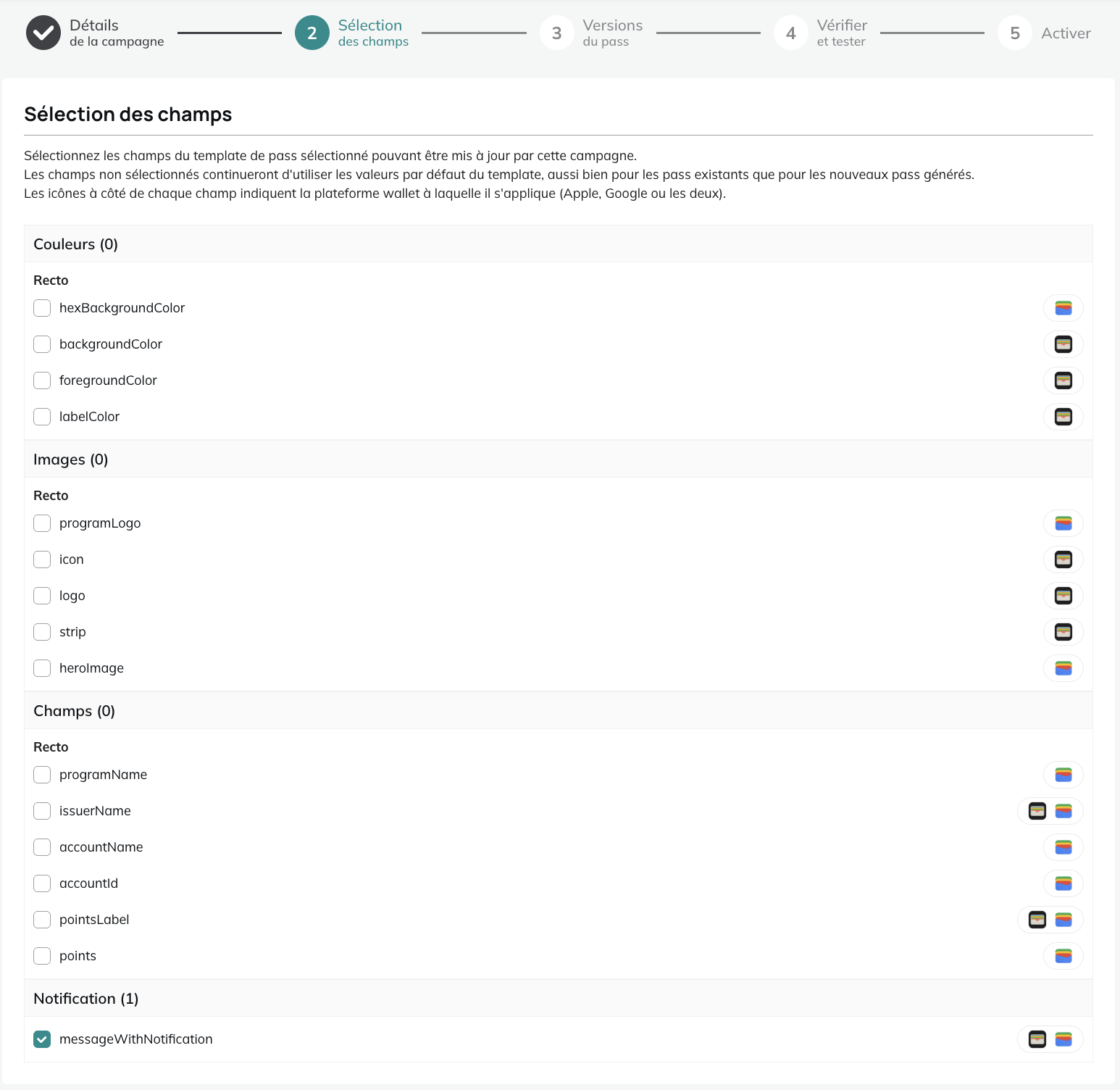 Sélection des champs de notification