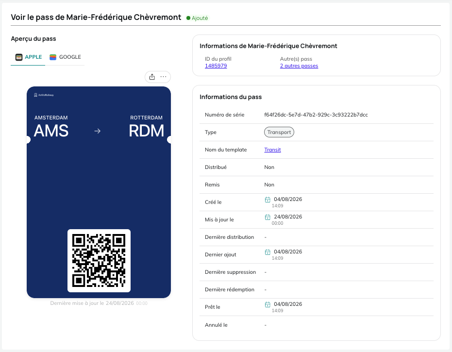 Vue détaillée d'un pass