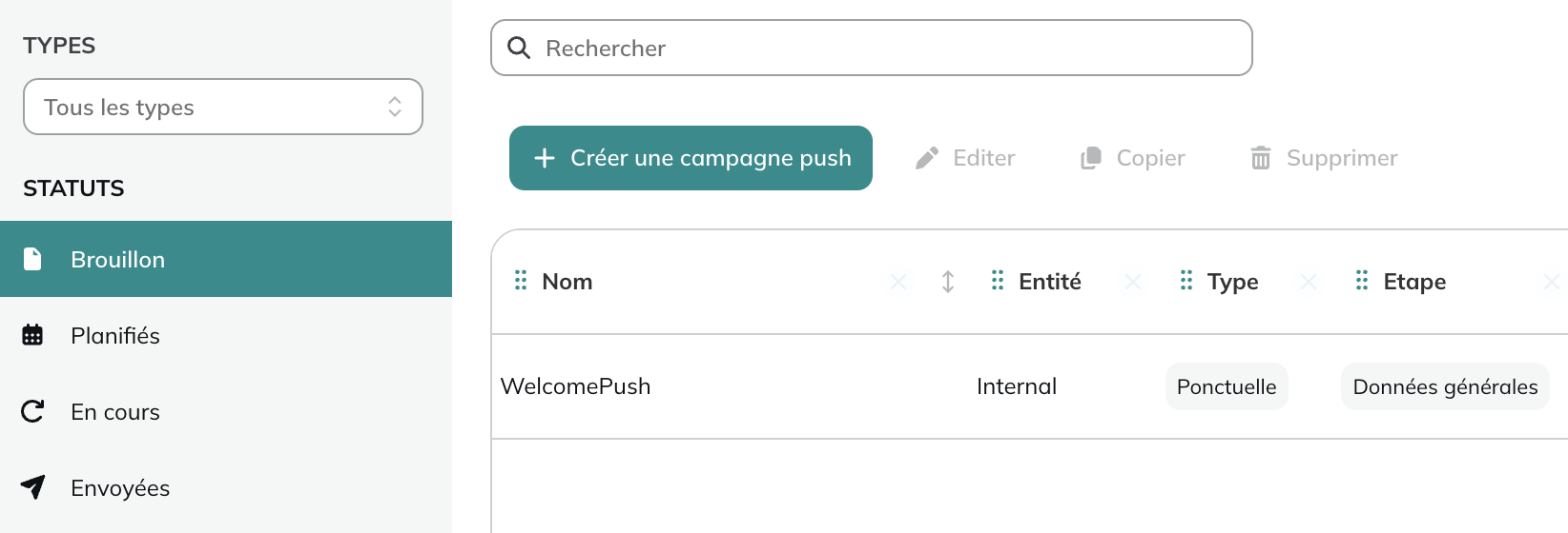 Bouton créer une campagne push