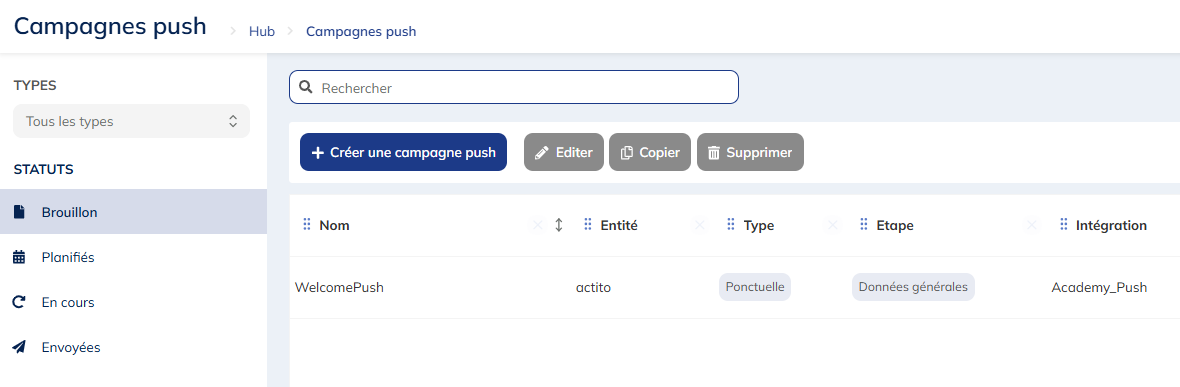 Bouton créer une campagne push
