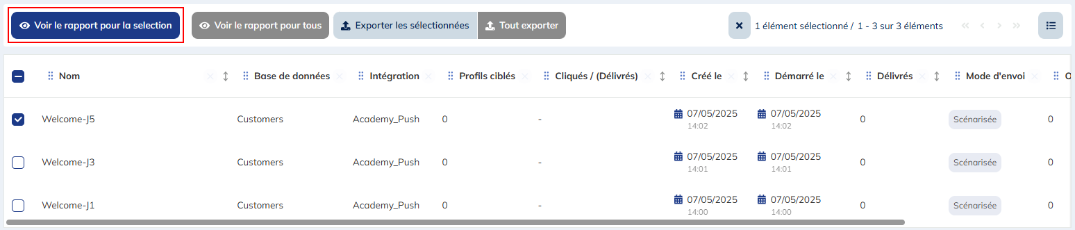 Bouton Voir le rapport pour la sélection