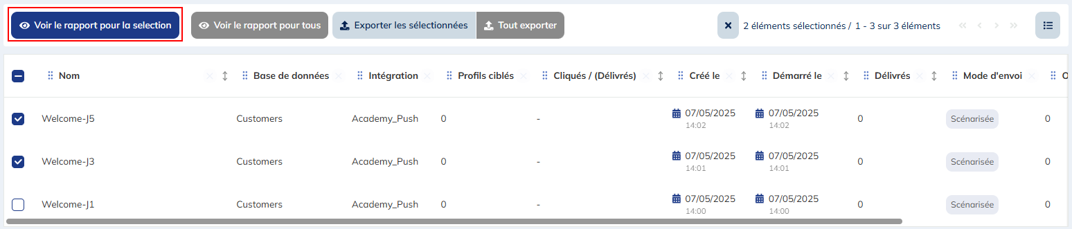 Bouton Voir le rapport pour la sélection