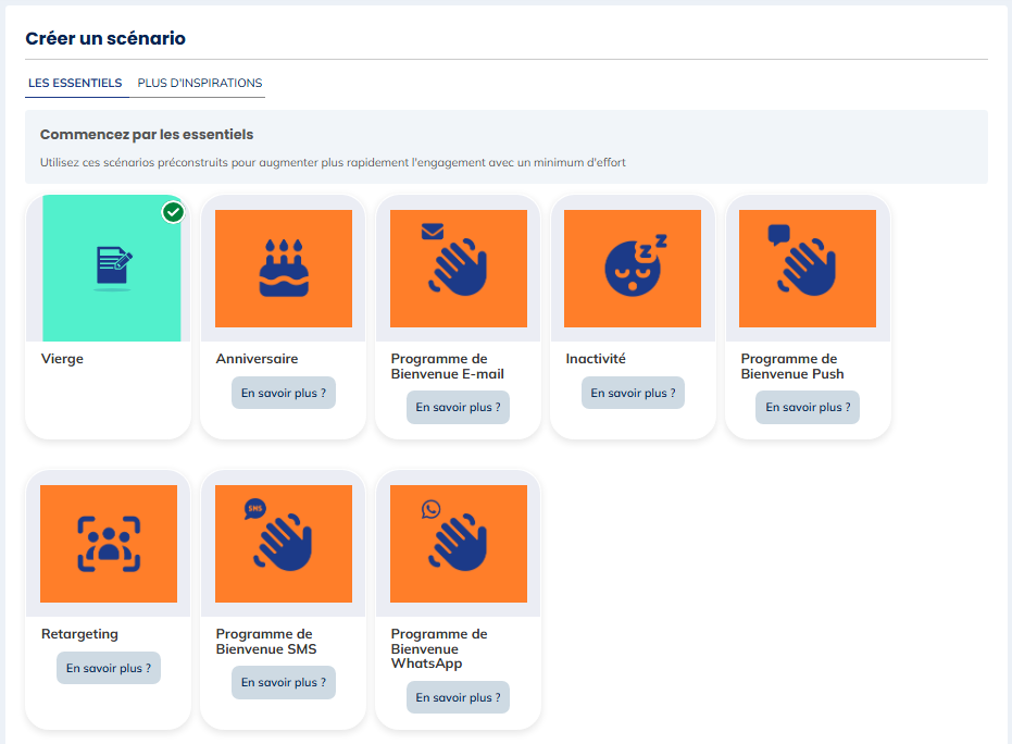 Choisir le template ou le scénario vierge