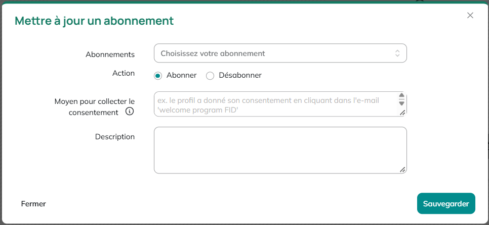 Paramètres du bloc Mettre à jour un abonnement