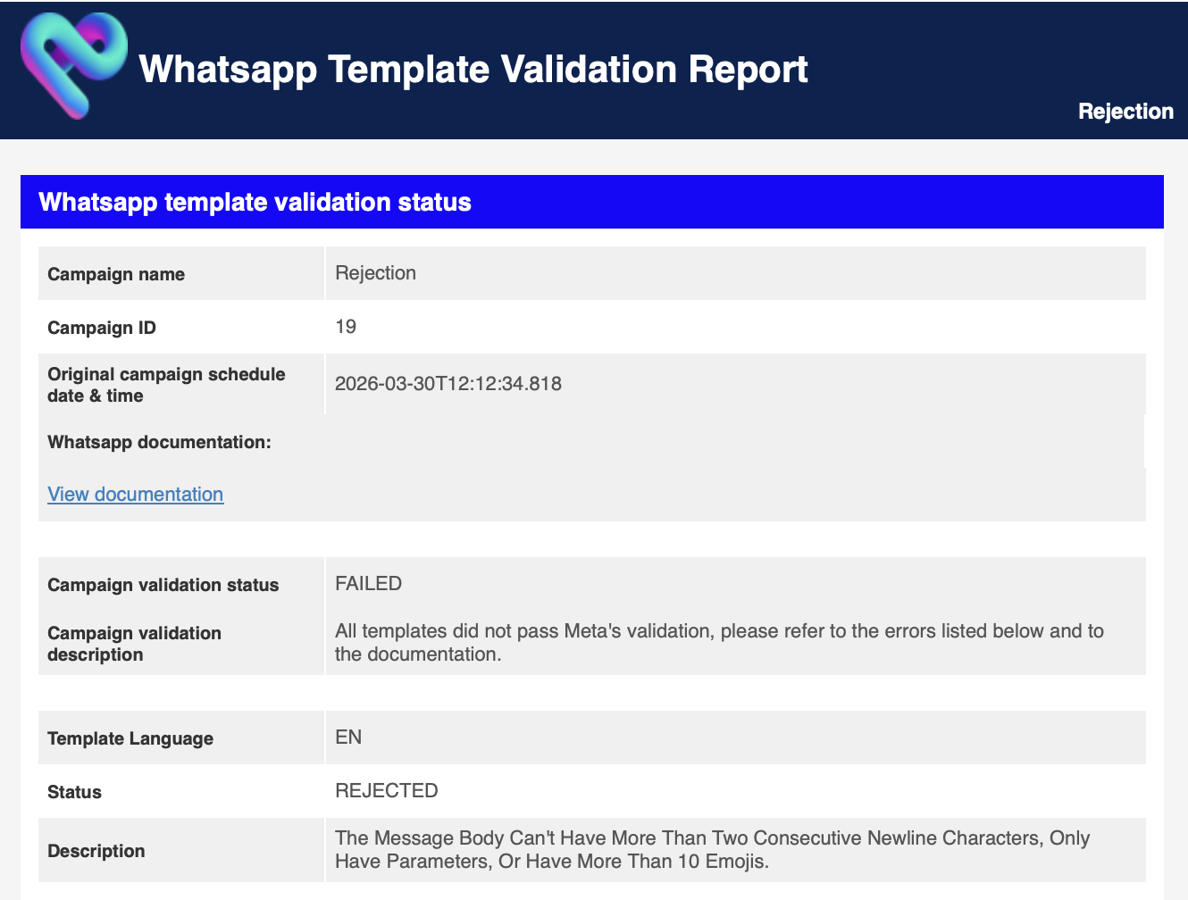 WhatsApp rejection template