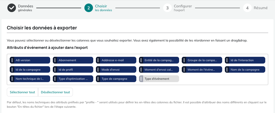 Datos para las exportaciones de Bajas en los e-mails