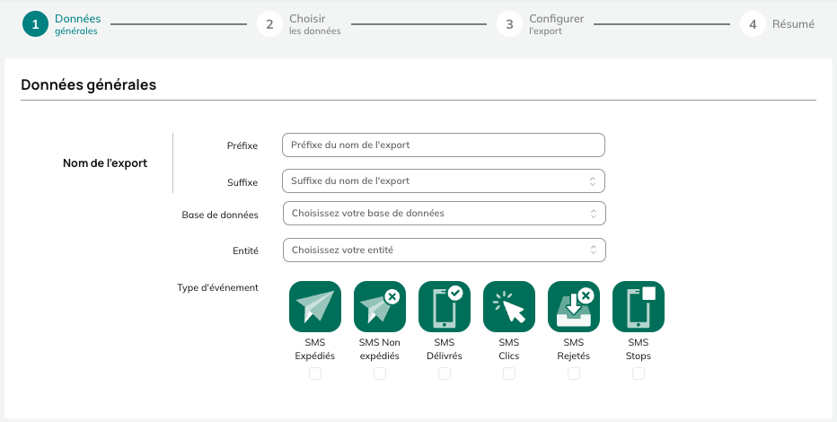 Tipos de eventos para las exportaciones de Actividades de SMS